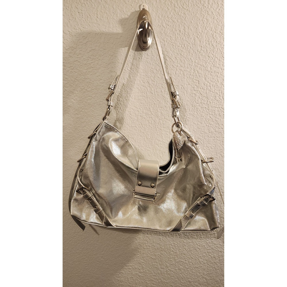 Steve Madden Silver Metallic Hobo Bag Rhinestone Heart Charm Buckle Detail Y2K